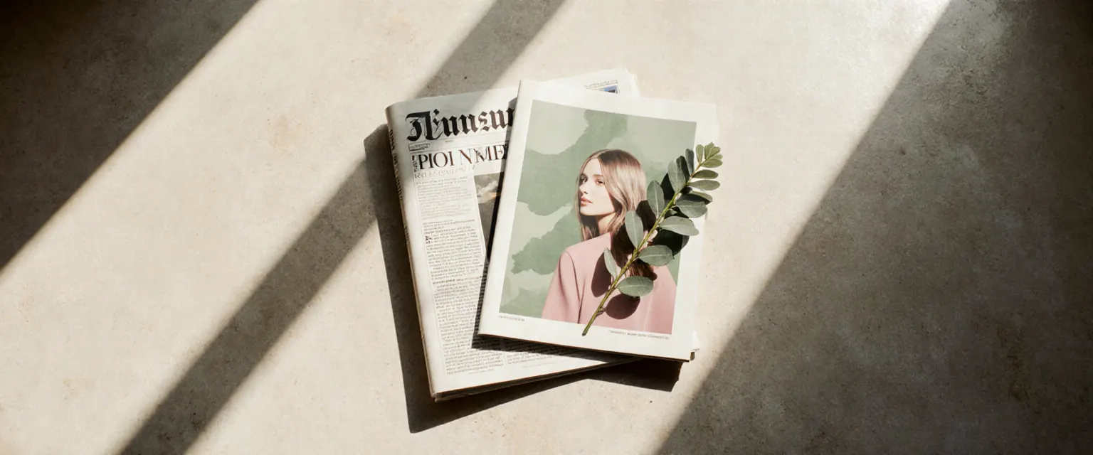 Beauty-Zeitschrift mit einem Frauenporträt auf dem Titel, daneben ein Eukalyptuszweig, auf einer gefalteten Zeitung liegend, quer darüber der harte Schatten eines Fensters