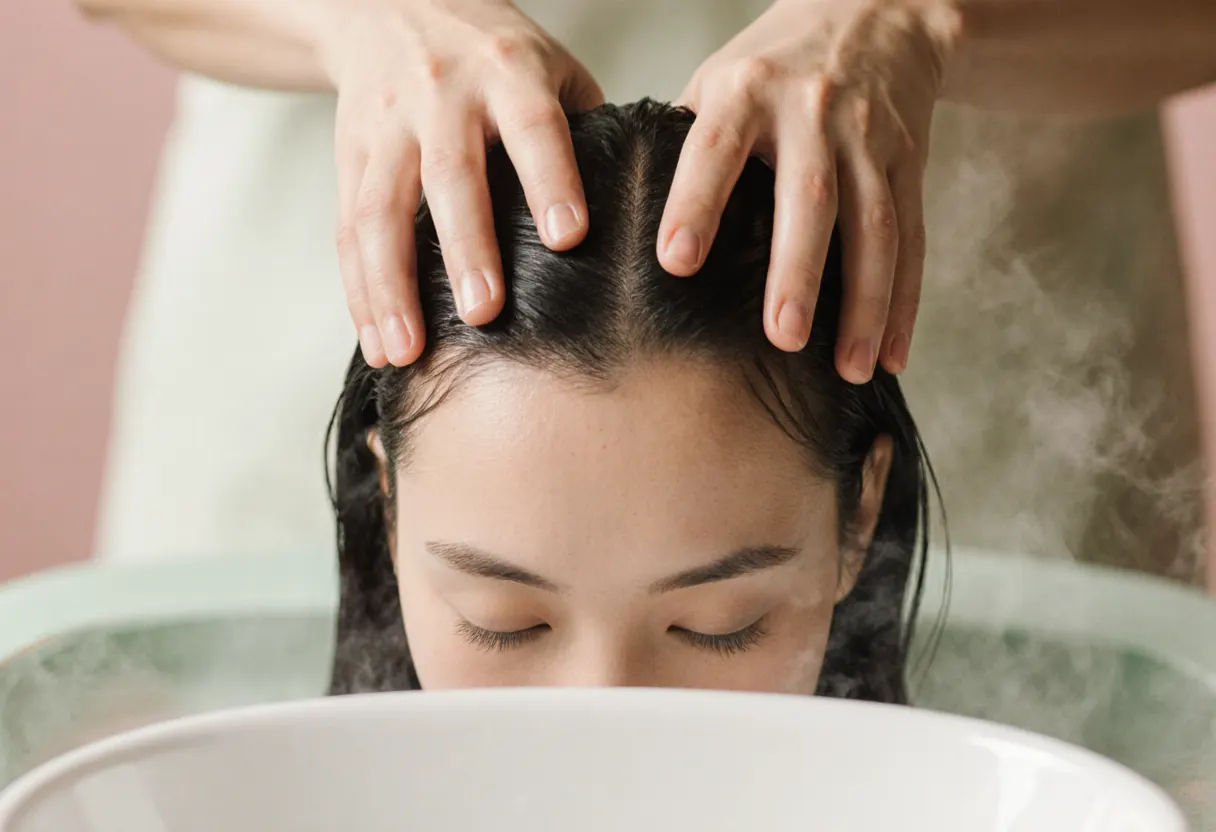 Kopfhaut-Massage über einem Waschbecken: zwei Hände arbeiten mit den Fingerspitzen im nassen Haar, im Hintergrund aufsteigender Dampf