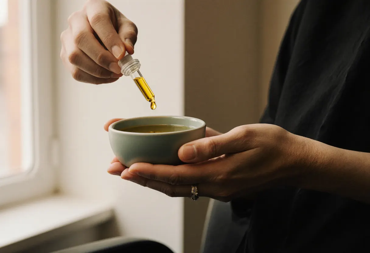 Zwei Hände halten eine kleine Keramikschale mit goldenem Haaröl, aus einer Glaspipette fällt ein Tropfen, warmes Abendlicht