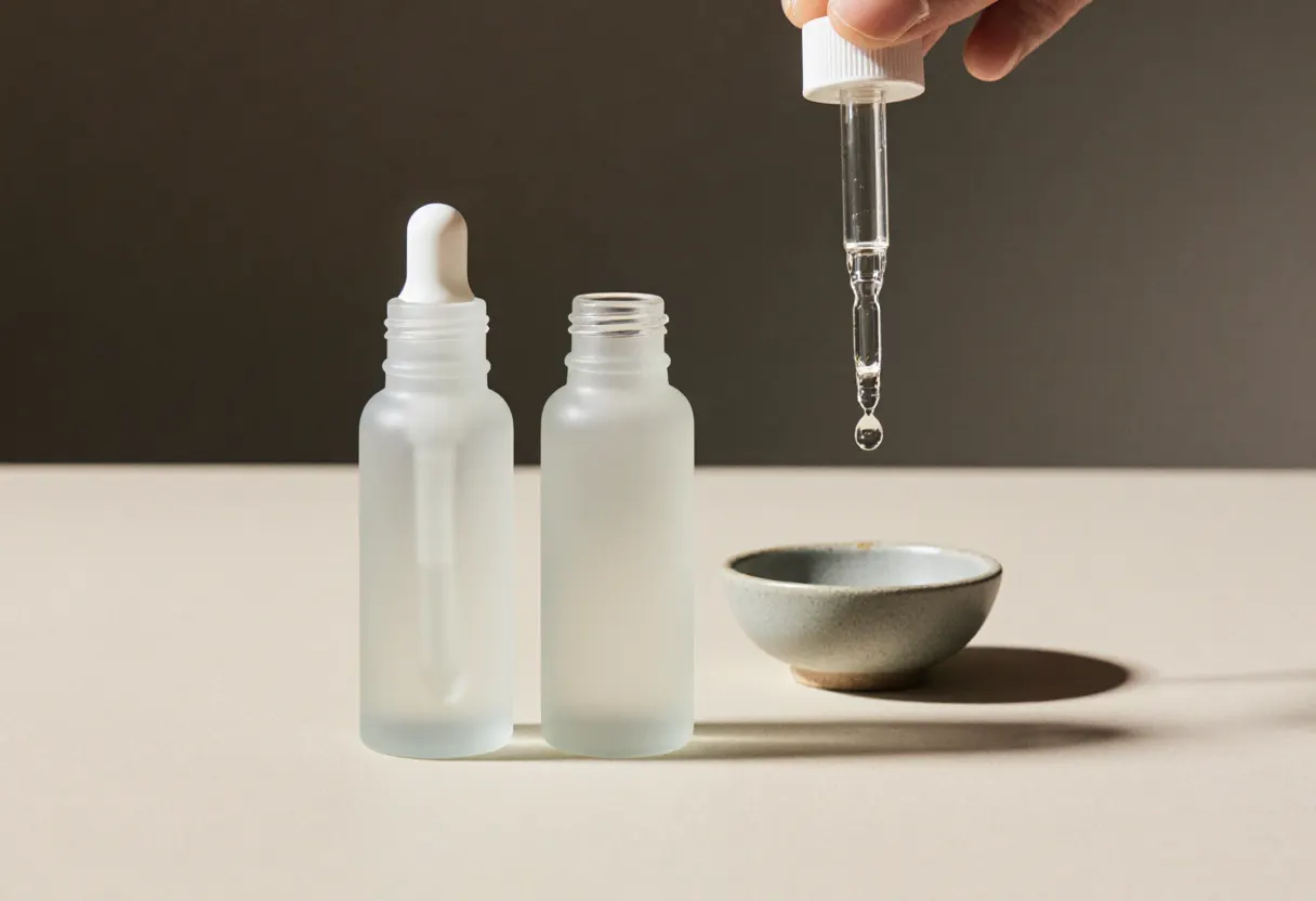 Pipette gibt einen klaren Tropfen ab, daneben zwei mattierte Serum-Fläschchen und eine kleine Keramikschale
