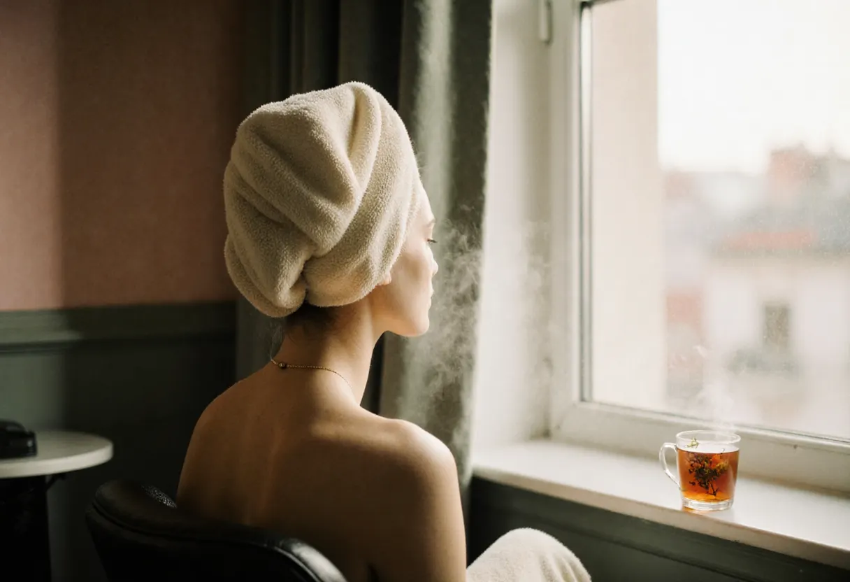 Frau von hinten mit cremefarbenem Handtuch-Turban am Fenster, daneben dampft eine Tasse Kräutertee auf der Fensterbank