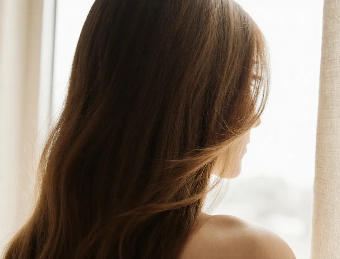 Langes, glänzendes braunes Haar von hinten gesehen, vor einem hellen Fenster mit Leinenvorhang